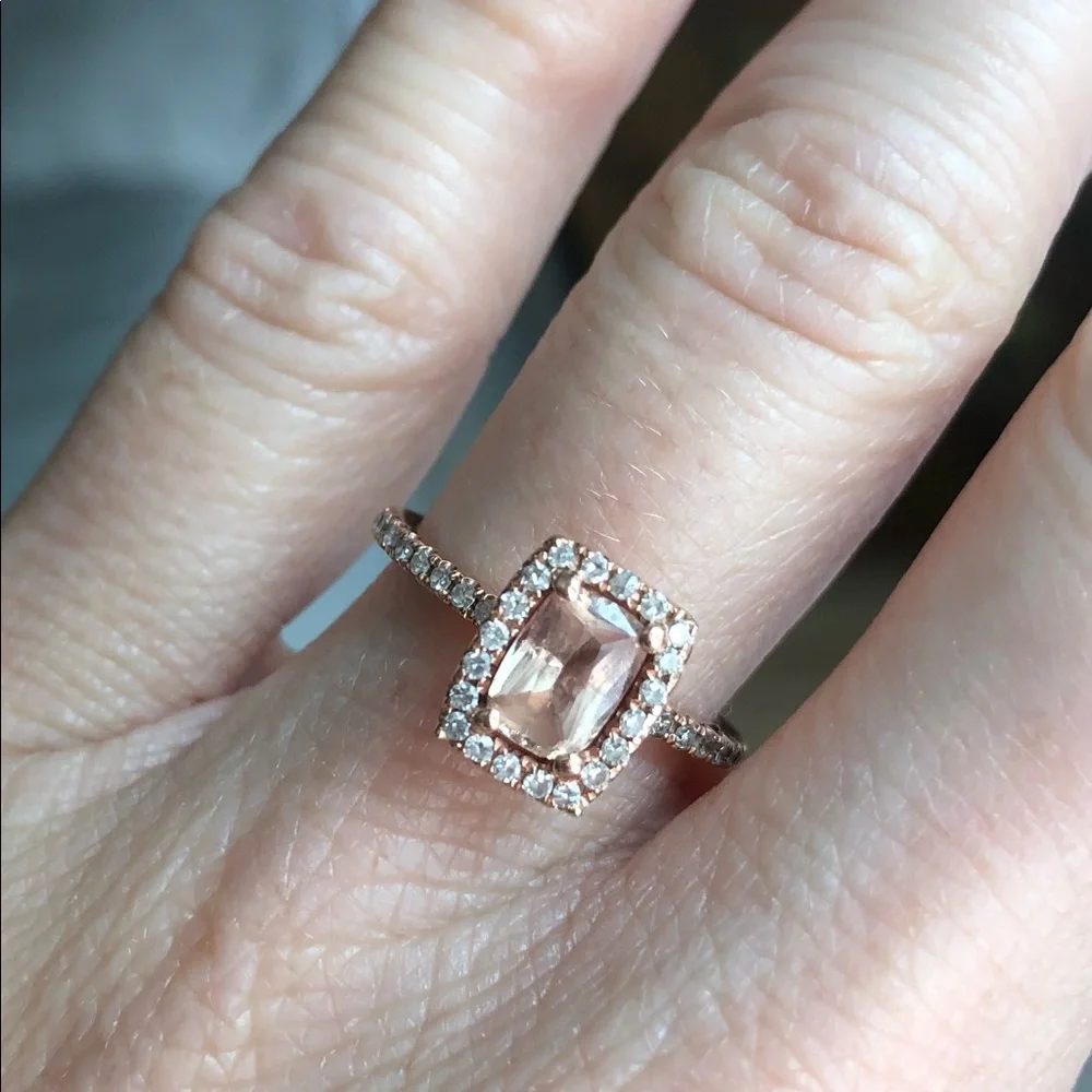 14k rose gold, diamond and emerald cut peach sapphire engagement ring - Picture 2 of 16